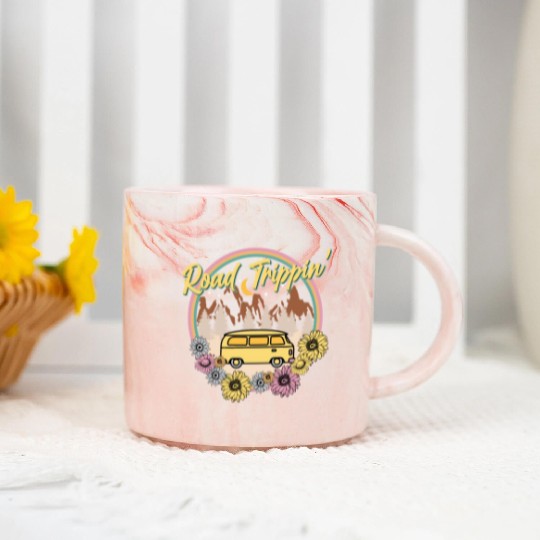 Retro Groovy Road Trip Marble Mugs with Van Flowers