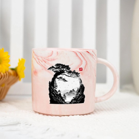 Japanese Zen Circle Landscape Buddhism Bonsai Tree Marble Mugs