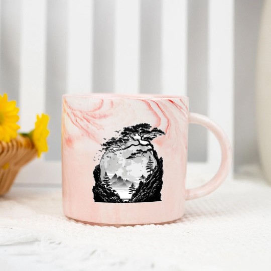 Japanese Mountain Landscape Gothic Full Moon Fores Marble Mugs
