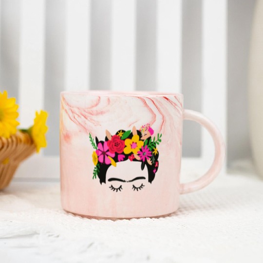 Frida Kahlo Illustration Floral Boho Style Mexican Marble Mugs
