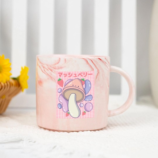 Kawaii Mushbery Mushroom and Strawberry Marble Mugs