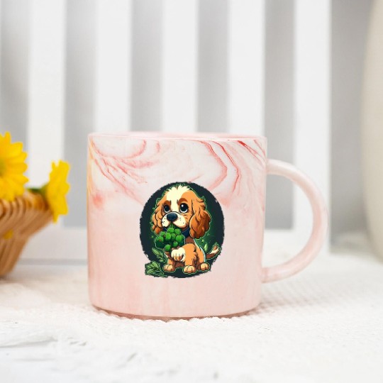 Cute dog eats green broccoli vegetables Marble Mugs