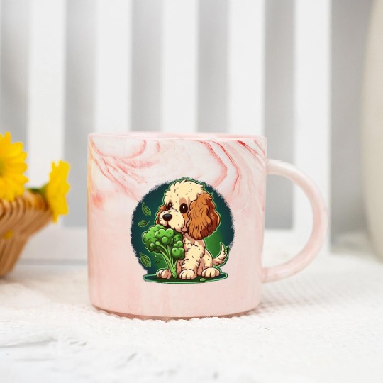 Cute dog eats green broccoli vegetables Marble Mugs