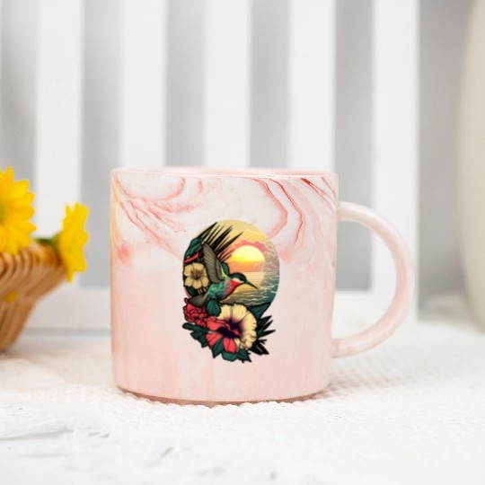 Hummingbird flies over hibiscus flower Tropical Marble Mugs