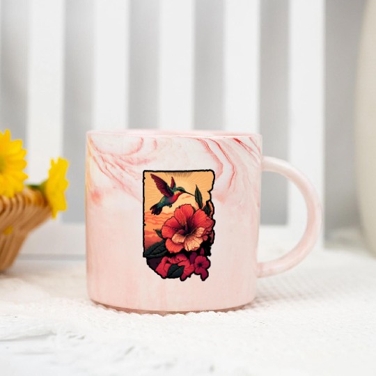 Hummingbird flies over hibiscus flower Tropical Marble Mugs