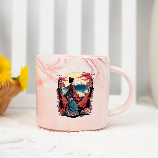 Mount Fuji Fujisan Fujiyama Floral Geisha Marble Mugs