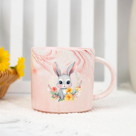 Grey Bunny Rabbit Watercolor Floral Marble Mugs