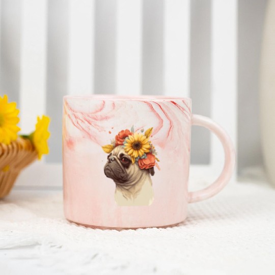 Cute Pug Flower Crown Pet Dog Breed Floral Puppy Marble Mugs