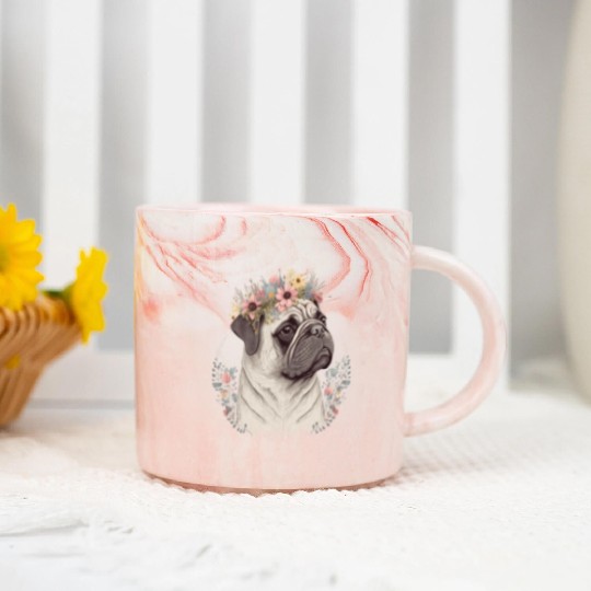 Cute Pug Flower Crown Pet Dog Breed Floral Puppy Marble Mugs