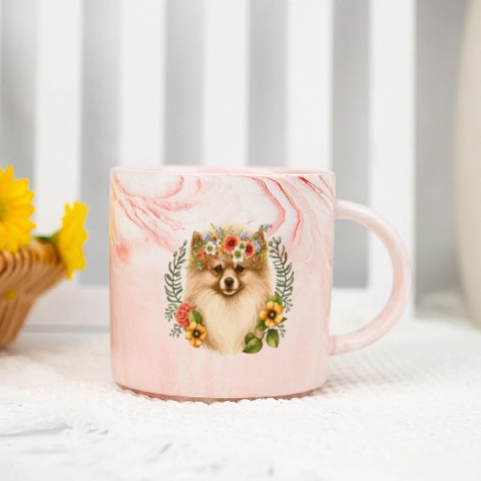 Cute Pomeranian Pom Flower Crown Pet Dog Breed Flo Marble Mugs