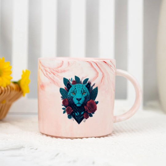 cute jaguar with red flowers Marble Mugs
