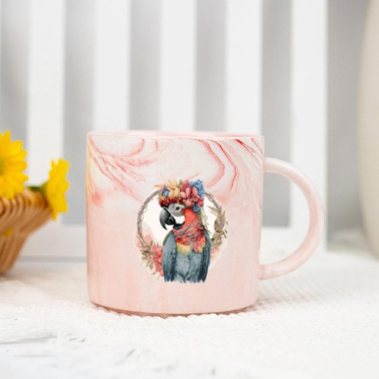Colorful Parrot Watercolor Macaw Bird Flower Crown Marble Mugs