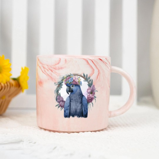 Watercolor Hyacinth Macaw Parrot Bird Flower Crown Marble Mugs