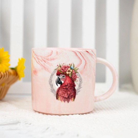 Scarlet Macaw Parrot Watercolor Bird Flower Crown Marble Mugs