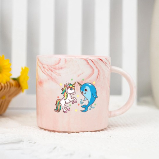 Cute Funny Horned Narwhal And Unicorn Friends Marble Mugs