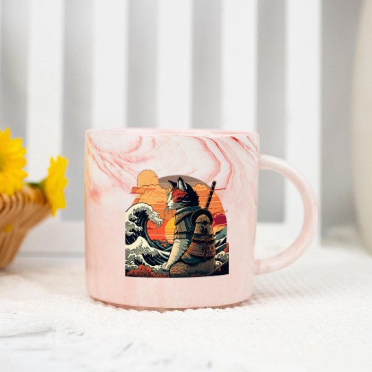 Retro samurai cat The Great Wave Hokusai Marble Mugs