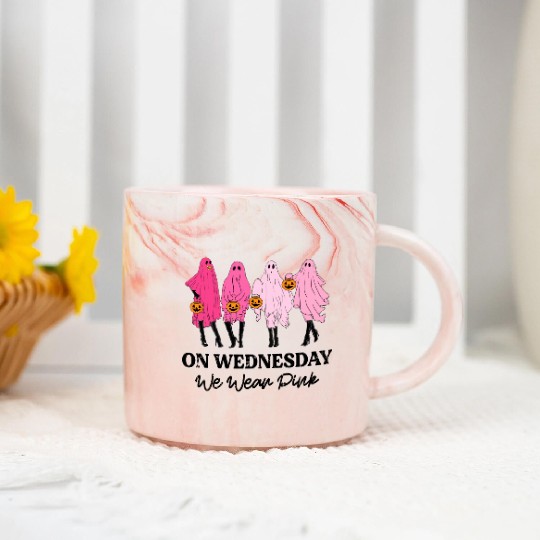 Breast Cancer On Wednesday We Wear Pink Halloween Marble Mugs