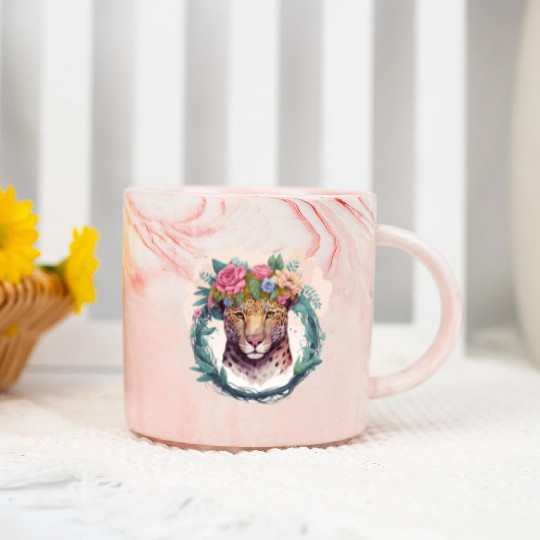 Jaguar Flower Crown Floral Watercolor Marble Mugs