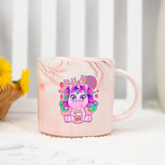 Funny Kawaii Unicorn Strawberry Milk Shake Marble Mugs