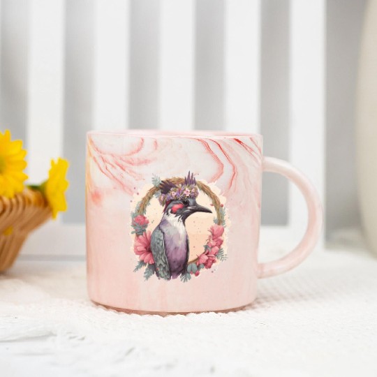 Artistic Watercolor Woodpecker Bird Flower Crown P Marble Mugs