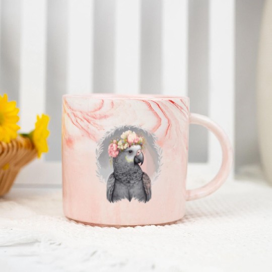 Cute African Gray Parrot Bird Flower Crown Pet Bir Marble Mugs
