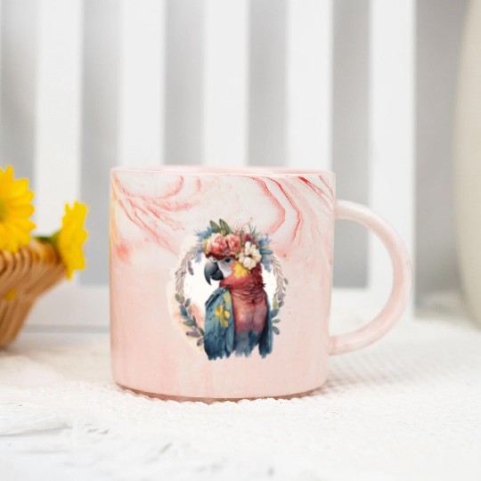 Watercolor Parrot Macaw Bird Flower Crown Pet Bird Marble Mugs