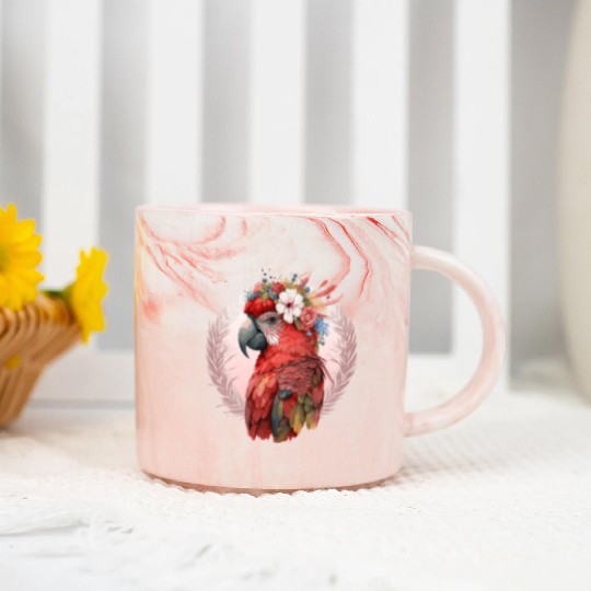 Red Scarlet Macaw Flower Crown Parrot Watercolor B Marble Mugs