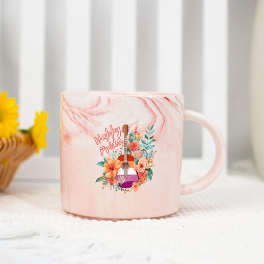 LGBTQ Happy Pride, Retro Guitar & Flowers, Lesbian Marble Mugs