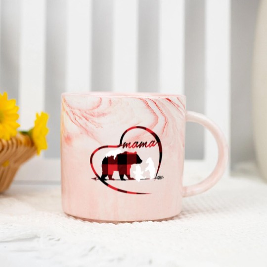 Mama Bear 3 Cubs Red Buffalo Plaid Heart For Mom Marble Mugs