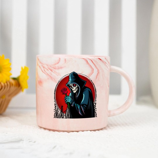 Symbolic Contrast A Grim Reaper Embracing a Rose Marble Mugs