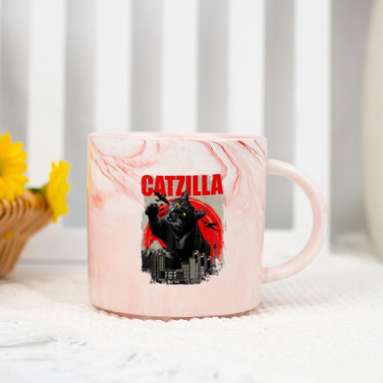 Catzilla Vintage Funny Cute Cat Art Japanese Sunse Marble Mugs