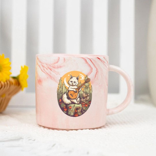 Cat Playing Banjo In The Forest in Cottagecore Marble Mugs