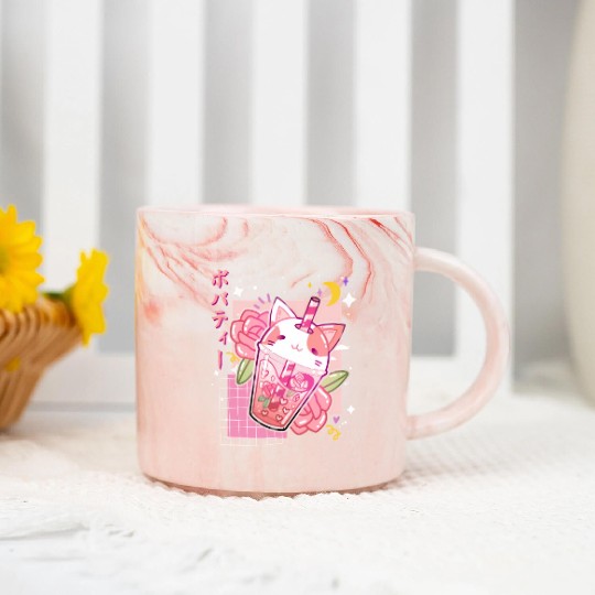 Boba Tea Cat Bubble Tea Kawaii Anime Japanese Marble Mugs