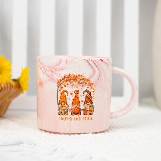 Happy Fall Y'all Gnome Pumpkin Autumn Leaves Marble Mugs