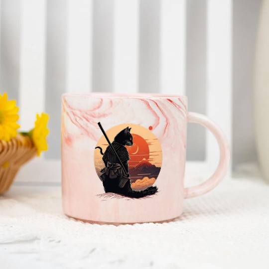 Vintage Japanese Sunset Style And Samurai Cat Kitt Marble Mugs