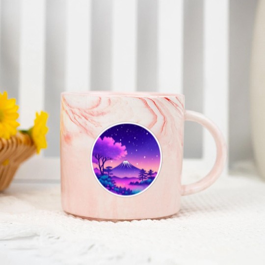 Japan Mount Fuji Night Sky Lo-Fi Art Retro Purple Marble Mugs