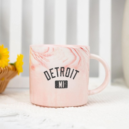 Detroit Mi Arched Text Black With Distressed Marble Mugs