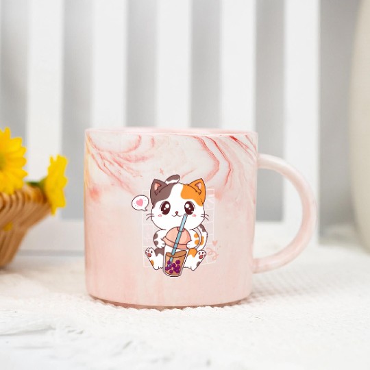 Cat Boba Tea Bubble Tea Kawaii Anime Japanese Marble Mugs