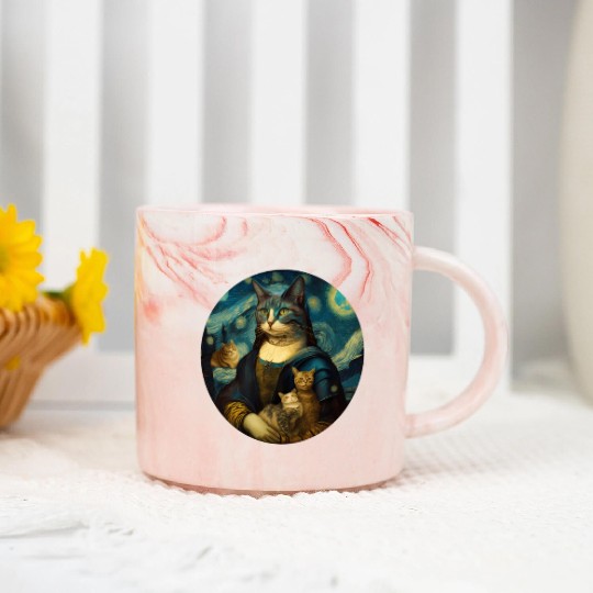Mona Lisa With Cats Starry Night Van Gogh Painting Marble Mugs