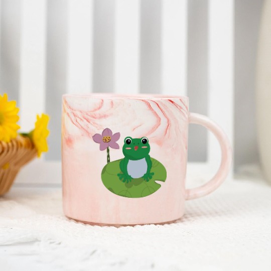 Green Frog on Lotus Leaf vector. Marble Mugs