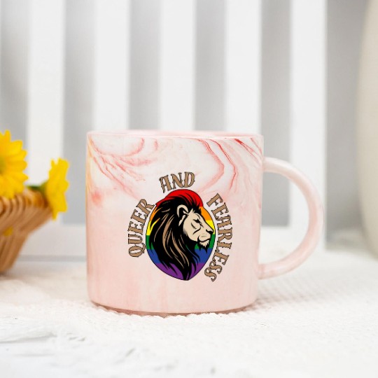 LGBTQ Queer and Fearless, Lion with Rainbow Flag Marble Mugs