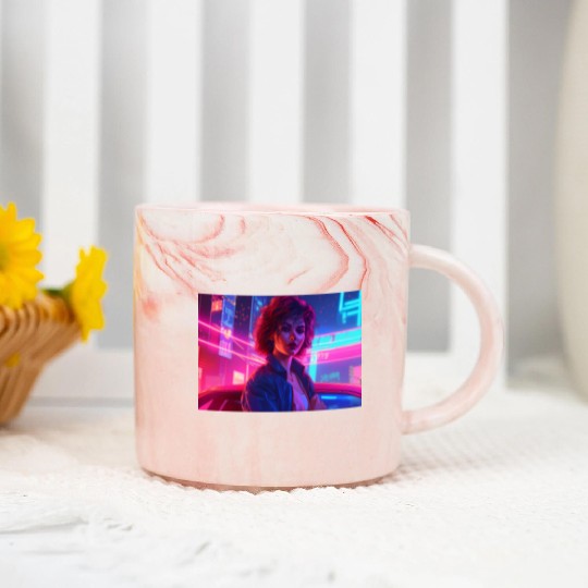 Synthwave Girl - Anime Portrait in Neon Colors Marble Mugs