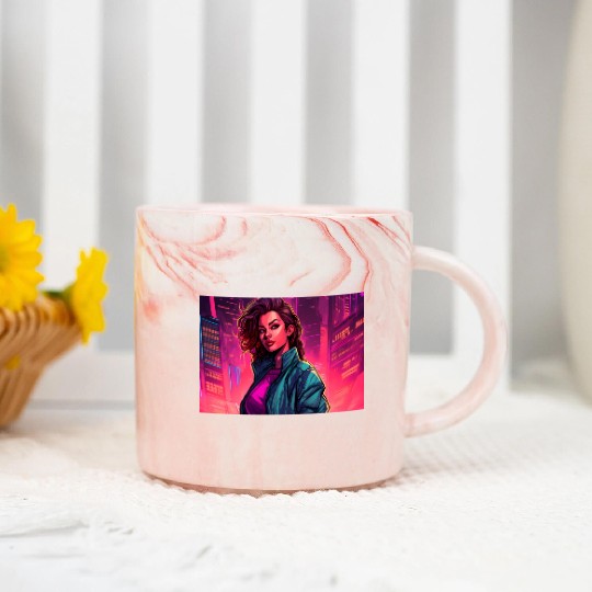 Girl in front of a Neon Pink Cityscape Marble Mugs