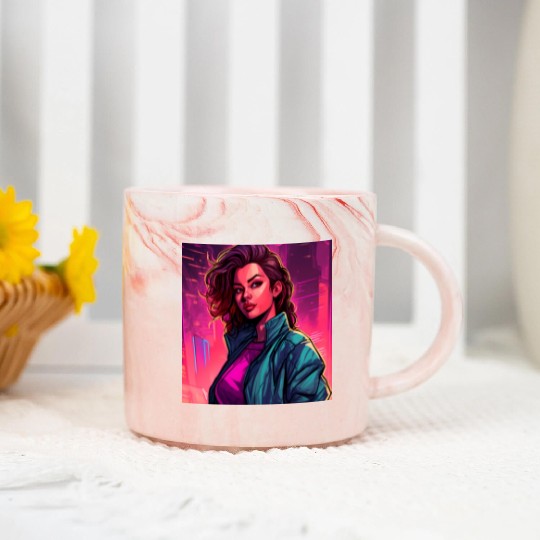 Synthwave City Bloom - Neon Pink Cityscape Marble Mugs