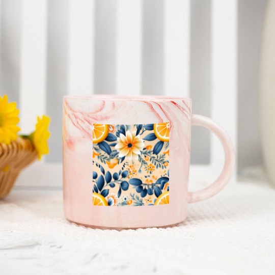 Yellow Lemon Floral Detailed Summer Collection 02 Marble Mugs
