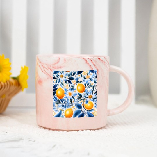 Yellow Lemon Floral Detailed Summer Collection 01 Marble Mugs