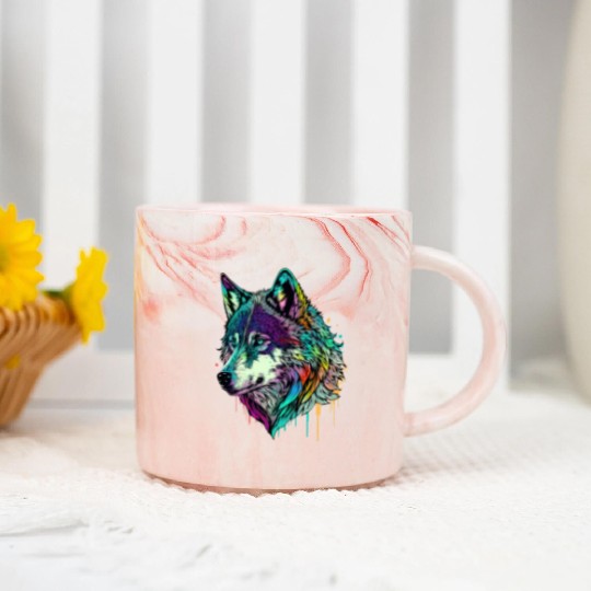Vibrant Psychedelic Wolf Illustration Marble Mugs