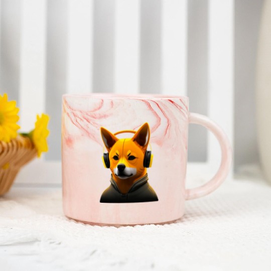 Running Shiba Inu with Headphones, Athletic Dog Marble Mugs