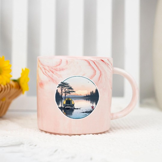 A Camper Enjoying A Serene Lakeside Marble Mugs