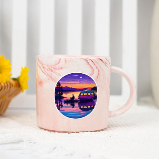 A Camper Enjoying A Peaceful Lakeside Marble Mugs